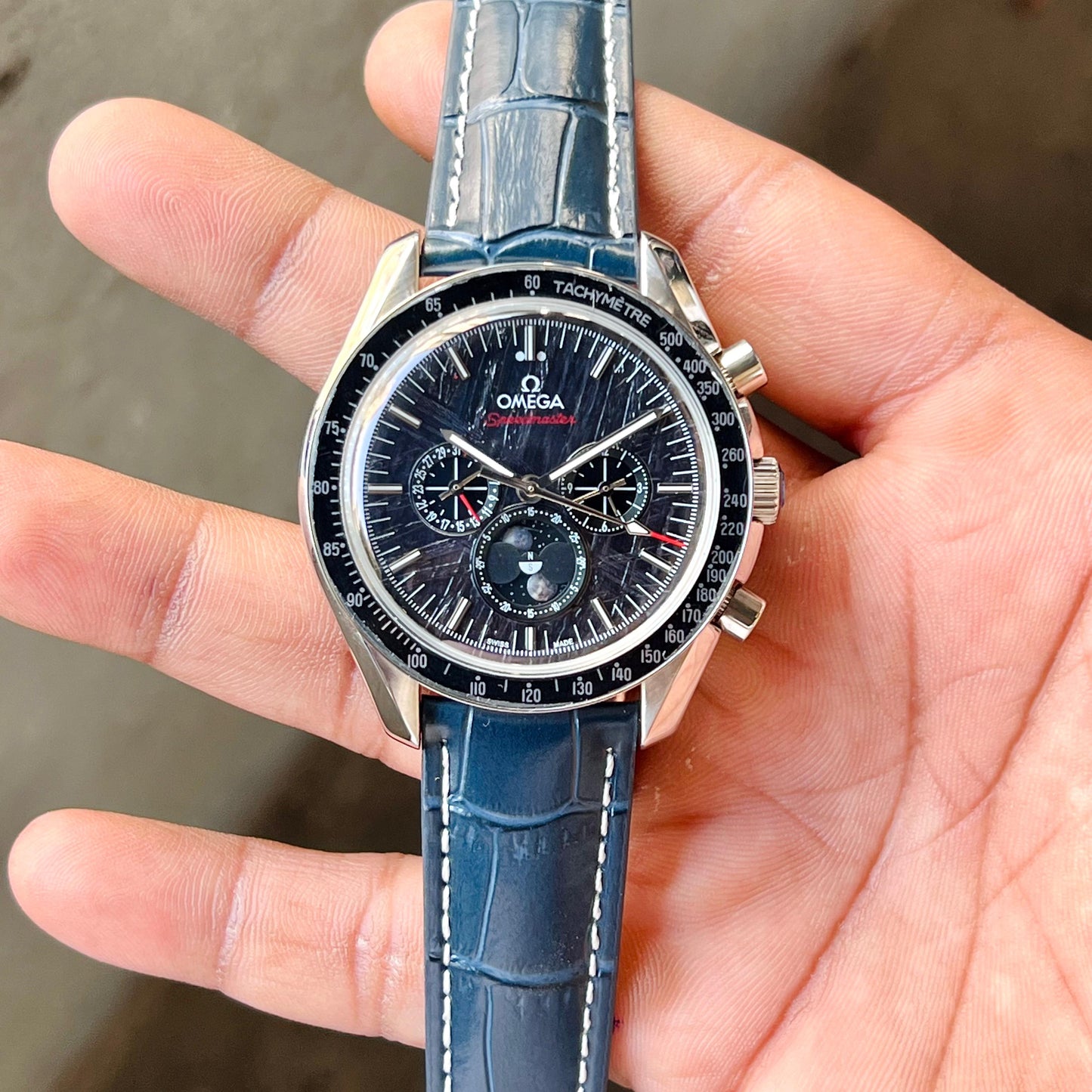 OMEGA SPEEDMASTER BEST HIGH PREMIUM QUALITY AUTOMATIC MACHINE BLUE LEATHER BELT SILVER CASE BLACK DIAL FOR HIM ALL WORKING