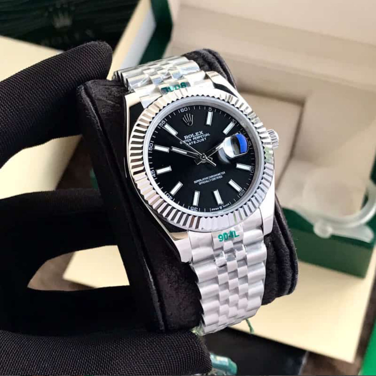 Rolex Datejust 41 Silver & Steel Fluted Jubilee Black Dial Swiss Semi ETA 3235 Movement