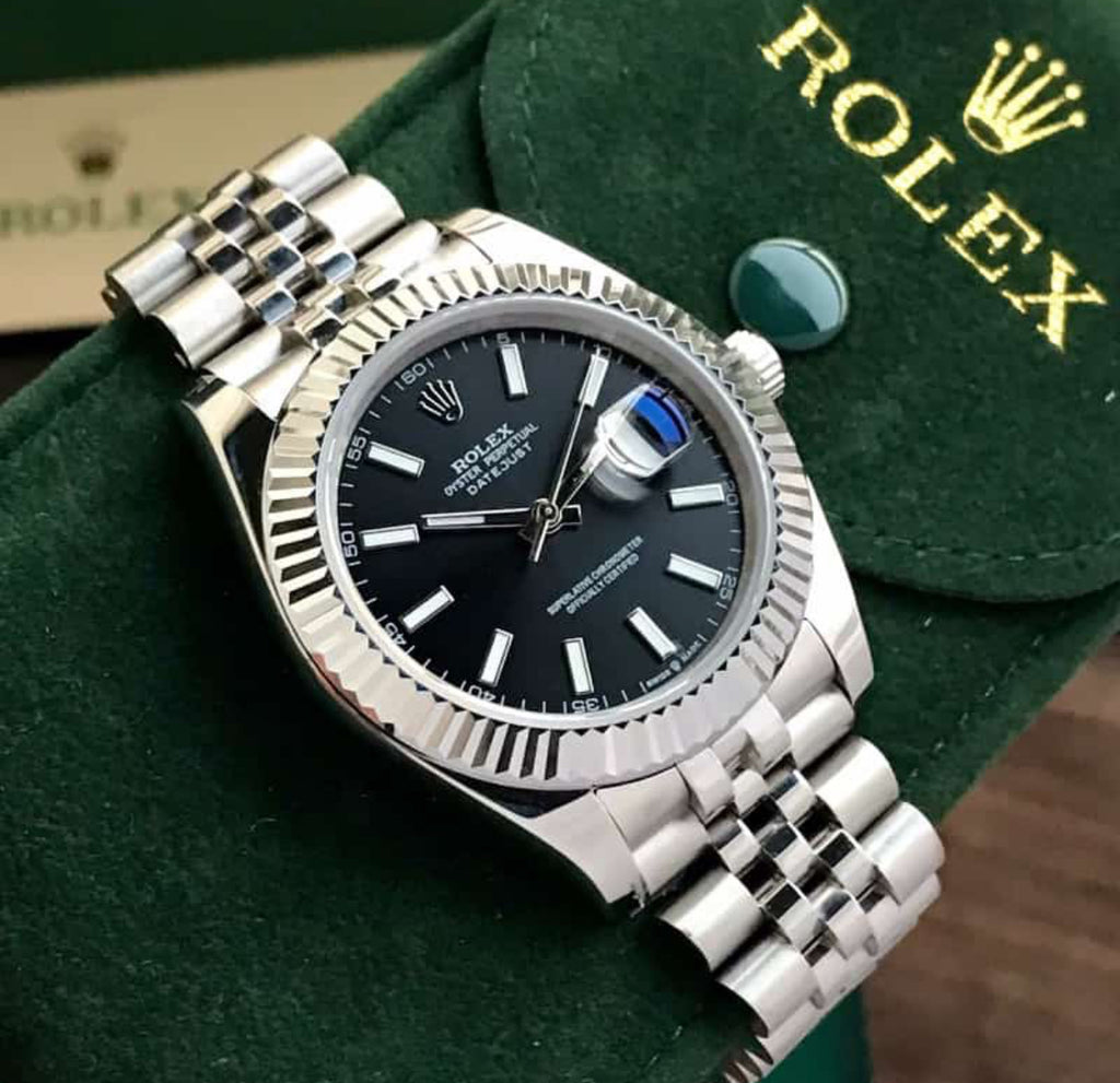 Rolex Datejust 41 Silver & Steel Fluted Jubilee Black Dial Swiss Semi ETA 3235 Movement