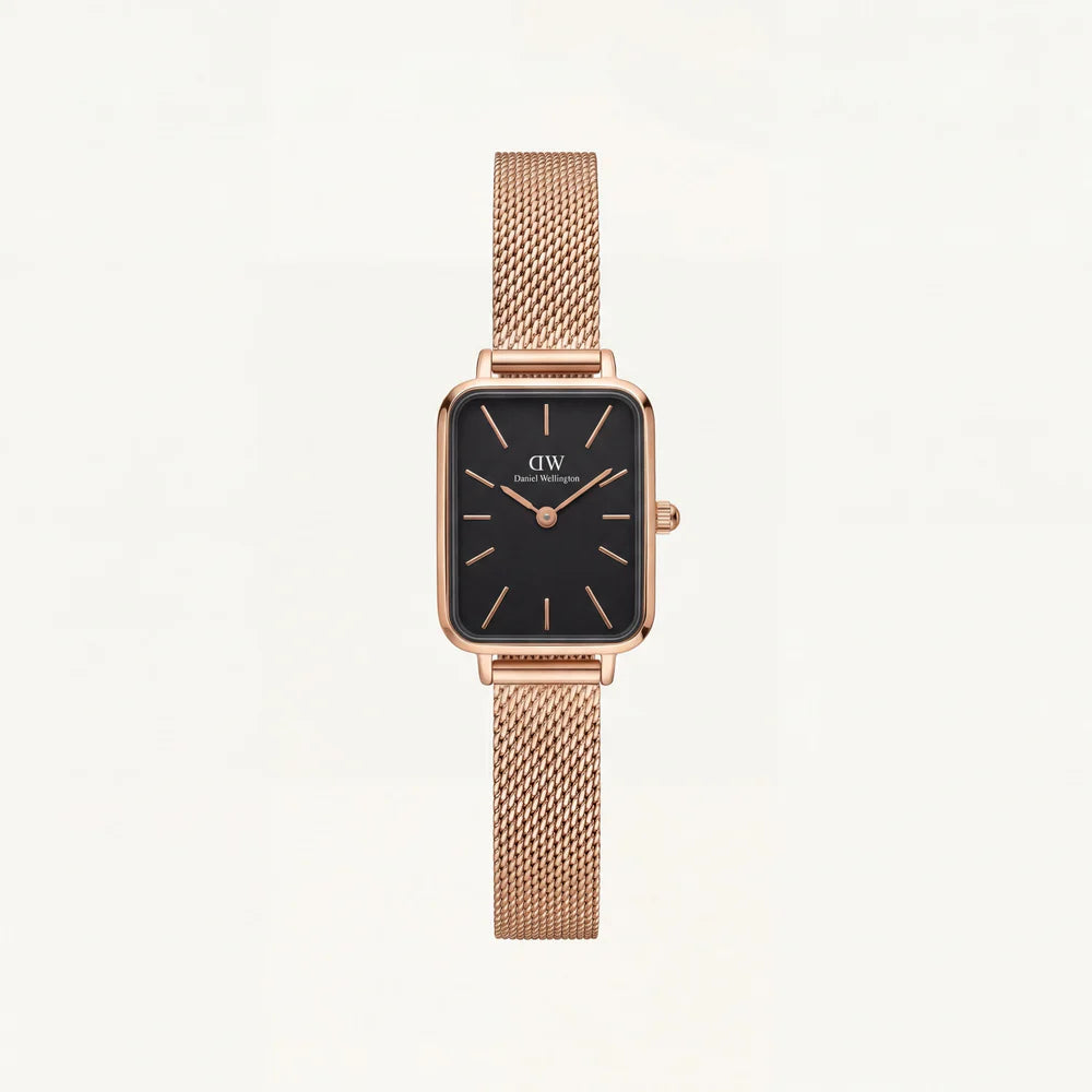 Rose Gold Rectangular Black Dial Mesh Strap Minimal Watch