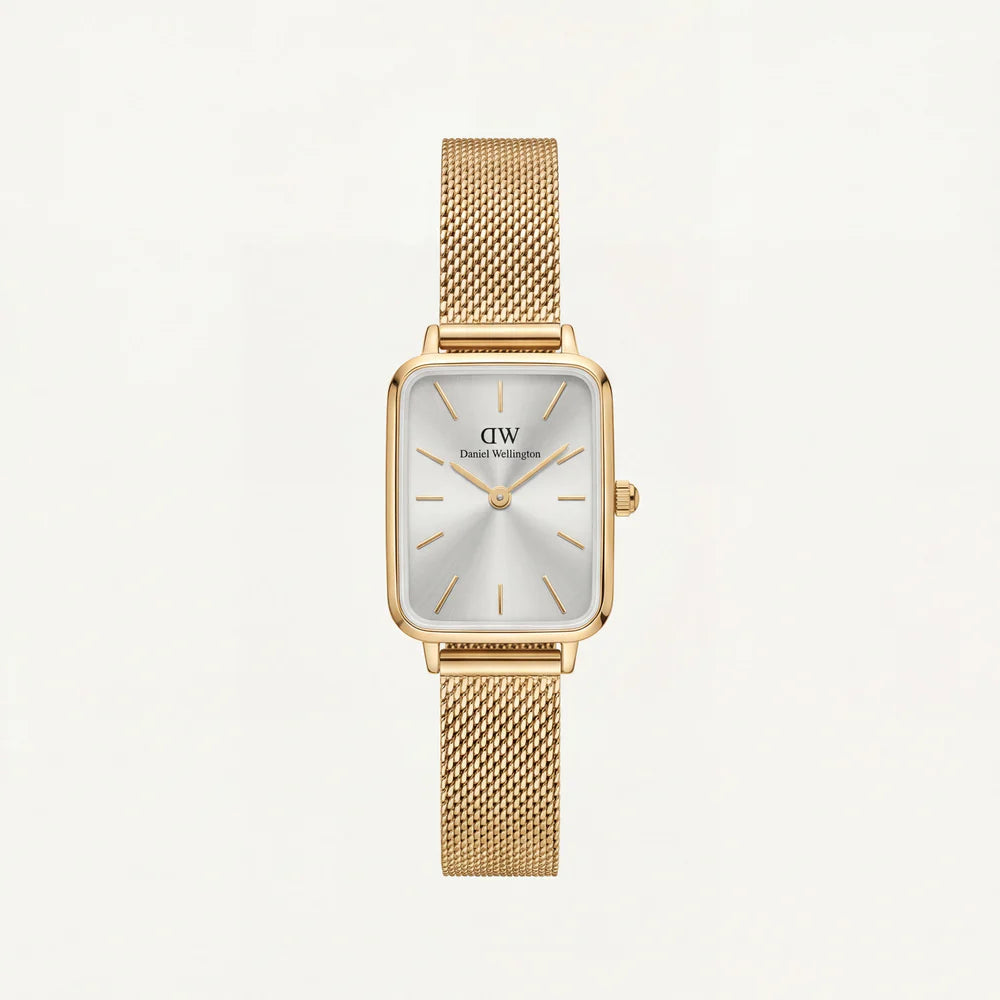 Gold Rectangular Silver Sunray Dial Mesh Strap Watch