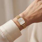 Gold Rectangular Silver Sunray Dial Mesh Strap Watch