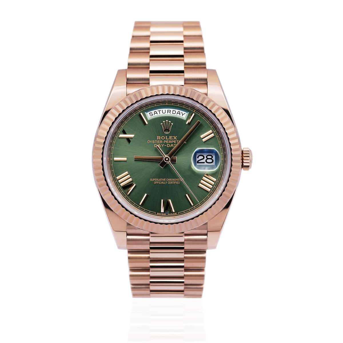Rolex Day-Date 41 Fluted Bezel Rose Gold Green Dial