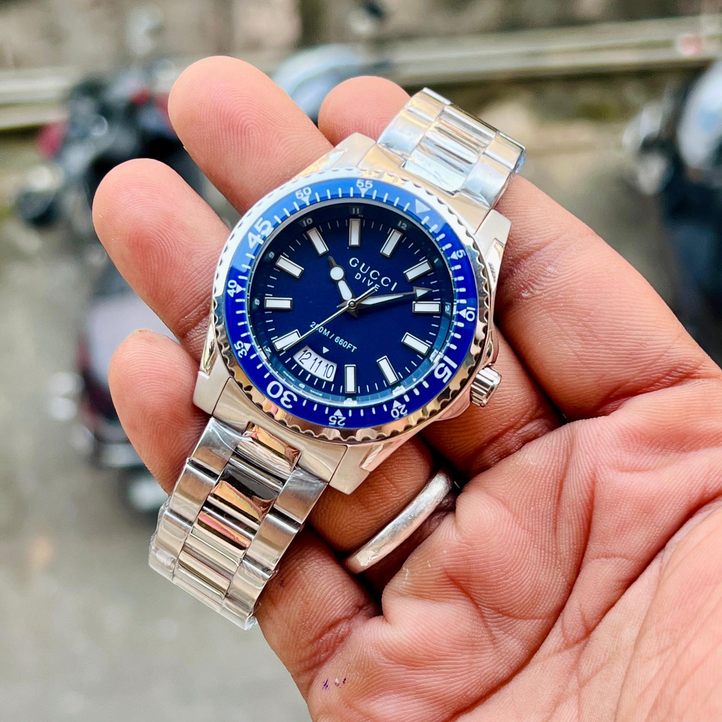 GUCCI DIVE  YA136203 BEST HIGH PREMIUM QUALITY PURE JAPAN MACHINE FULL STEEL METAL BELT BLUE DIAL