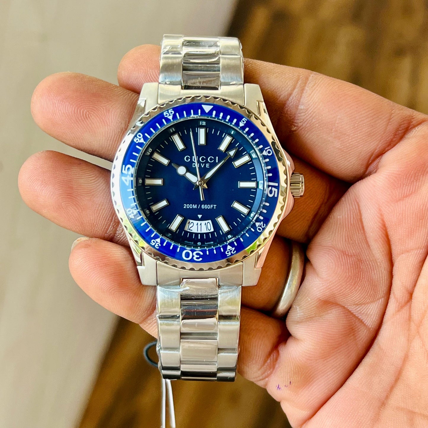 GUCCI DIVE  YA136203 BEST HIGH PREMIUM QUALITY PURE JAPAN MACHINE FULL STEEL METAL BELT BLUE DIAL