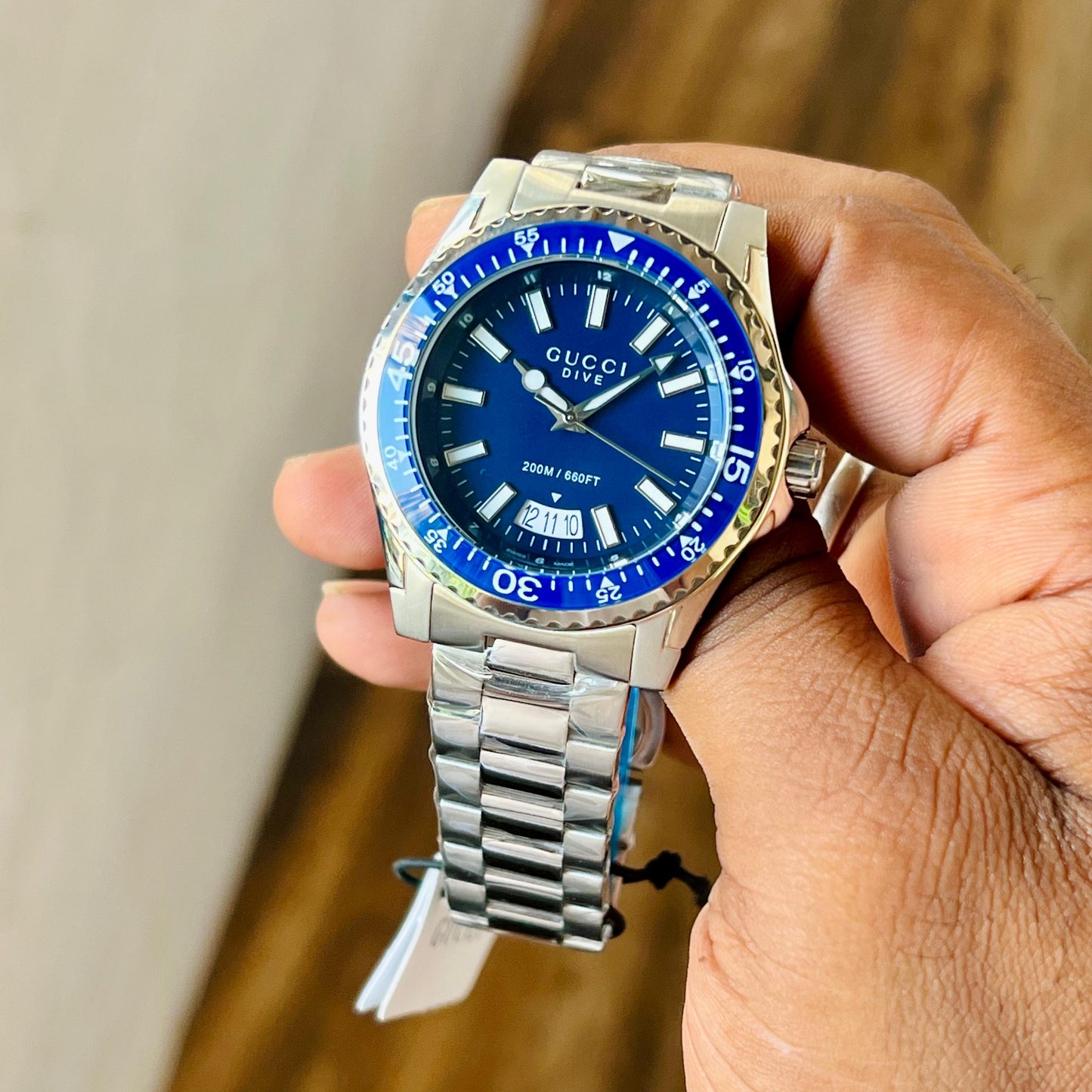 GUCCI DIVE  YA136203 BEST HIGH PREMIUM QUALITY PURE JAPAN MACHINE FULL STEEL METAL BELT BLUE DIAL