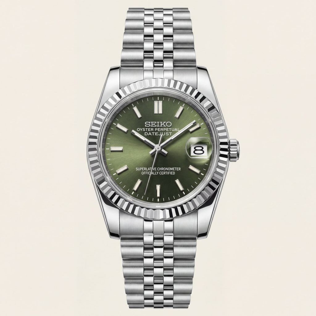Luxury Silver Stainless Steel Watch Fluted Bezel Green Sunburst Dial Jubilee Bracelet Premium Automatic Watch – Men