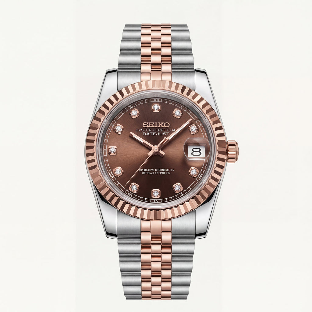 Seiko Two-Tone Rose Gold Watch Fluted Bezel Brown Sunburst Dial Diamond Hour Markers Stainless Steel Jubilee Bracelet – Men