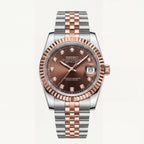 Seiko Two-Tone Rose Gold Watch Fluted Bezel Brown Sunburst Dial Diamond Hour Markers Stainless Steel Jubilee Bracelet – Men