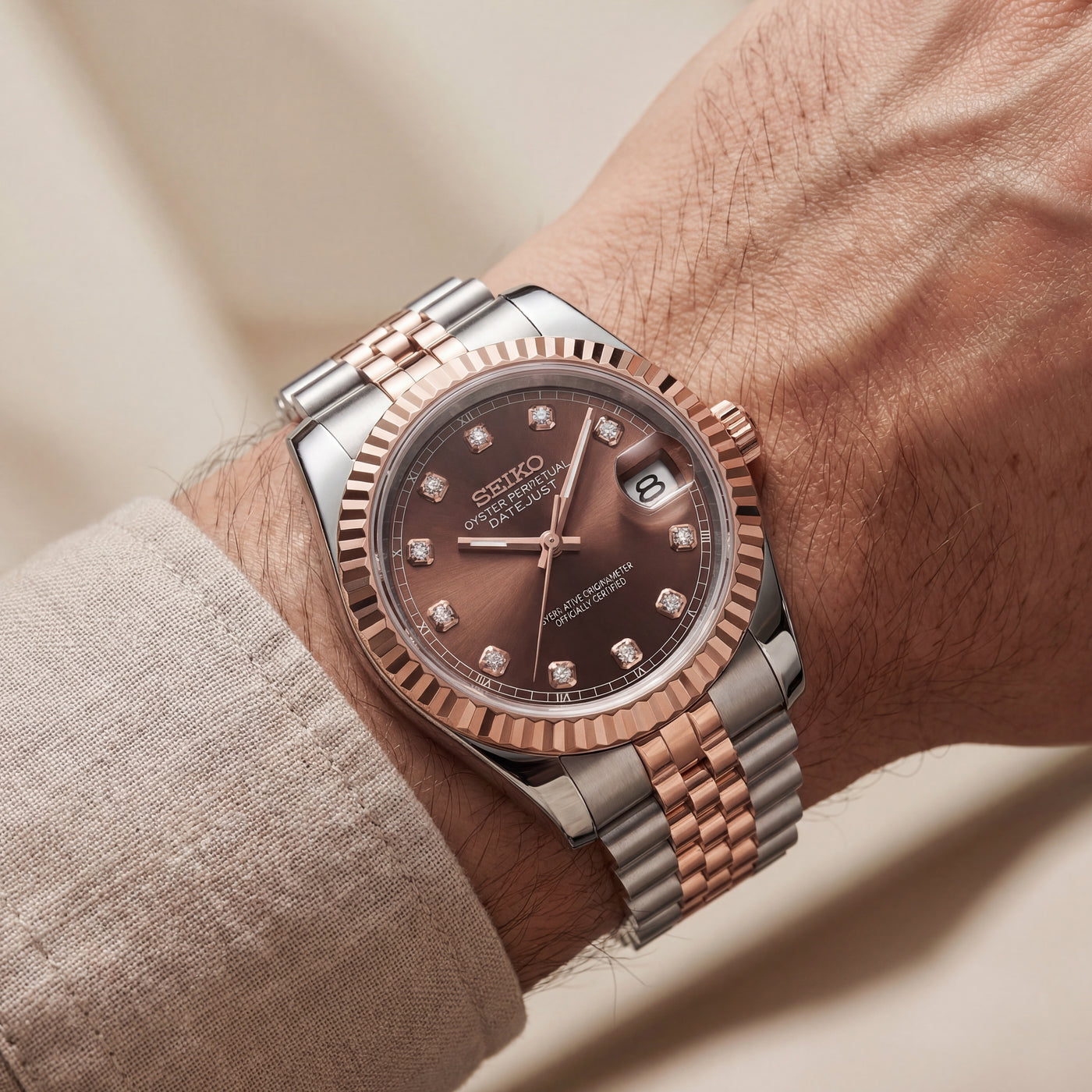 Seiko Two-Tone Rose Gold Watch Fluted Bezel Brown Sunburst Dial Diamond Hour Markers Stainless Steel Jubilee Bracelet – Men