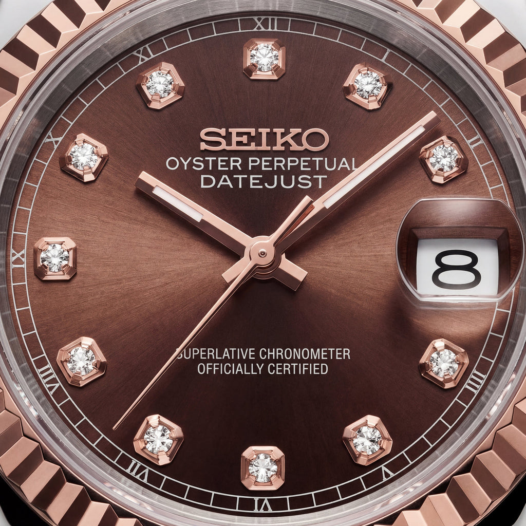 Seiko Two-Tone Rose Gold Watch Fluted Bezel Brown Sunburst Dial Diamond Hour Markers Stainless Steel Jubilee Bracelet – Men