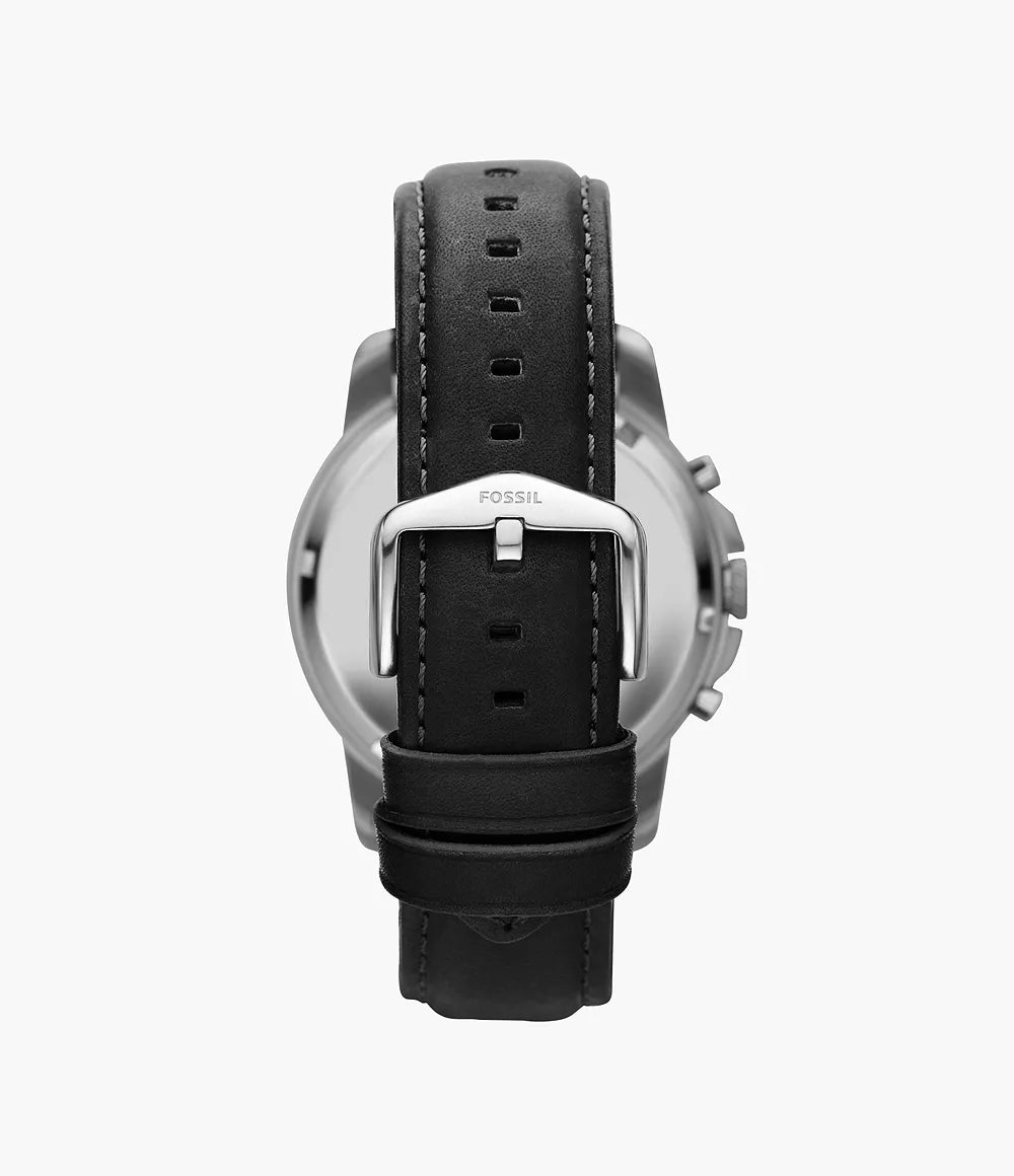 Black dial watch with silver-tone case and black strap