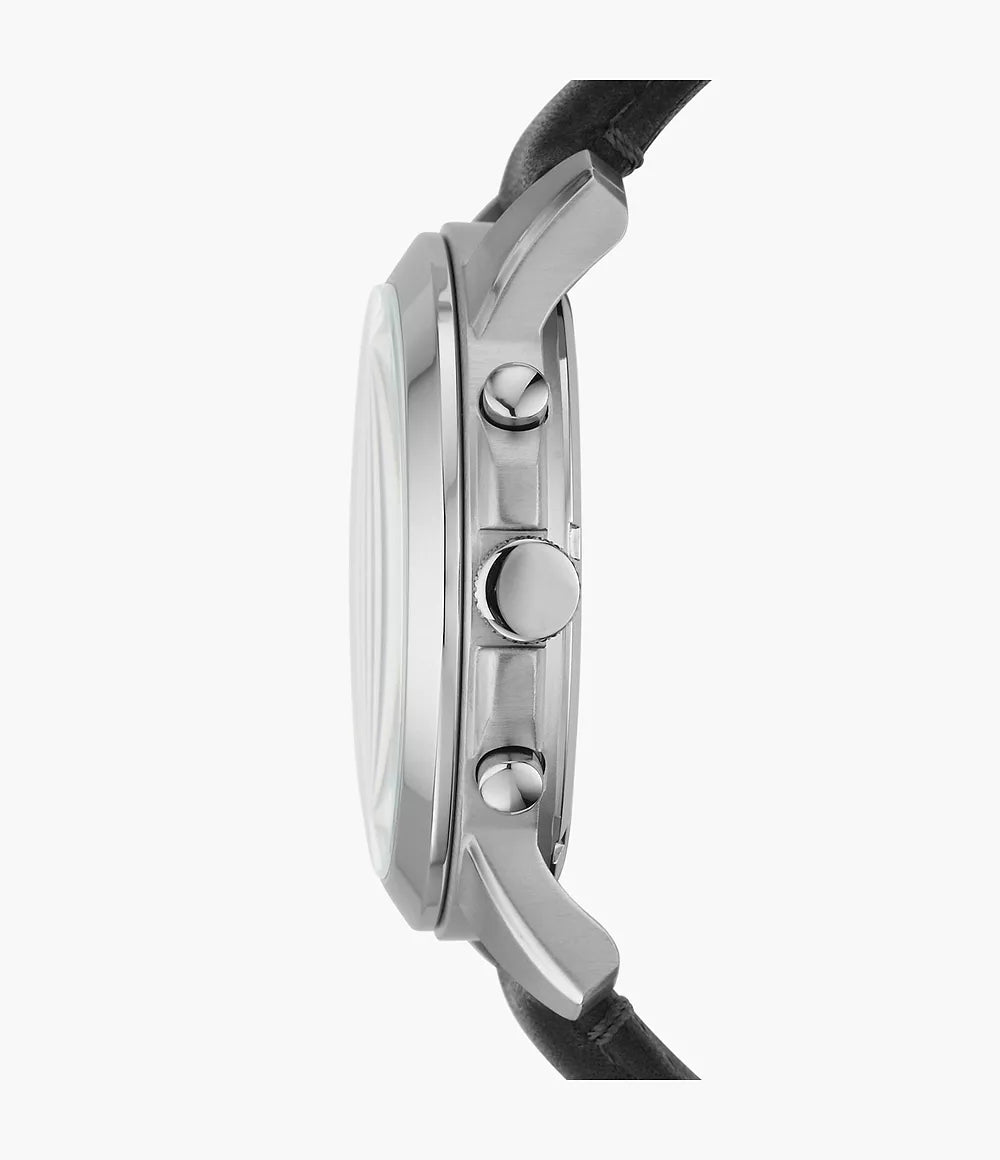 Black dial watch with silver-tone case and black strap