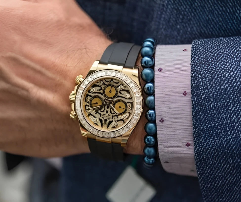 RLX gold-tone embellished dial black strap fashion watch