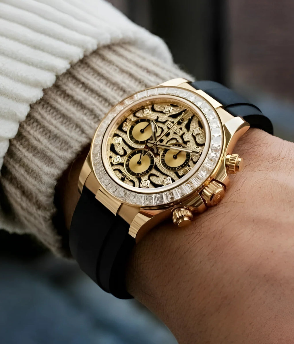 RLX gold-tone embellished dial black strap fashion watch