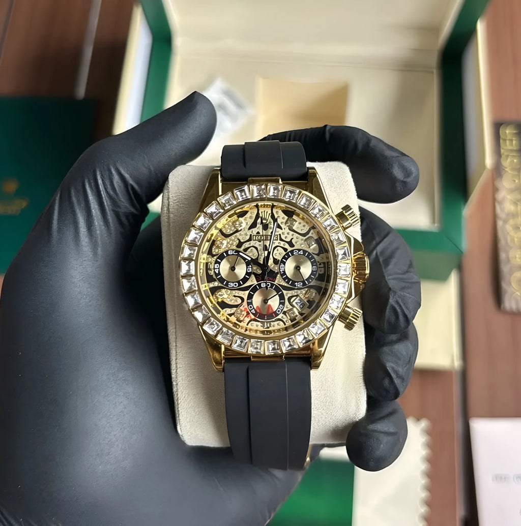 RLX gold-tone embellished dial black strap fashion watch