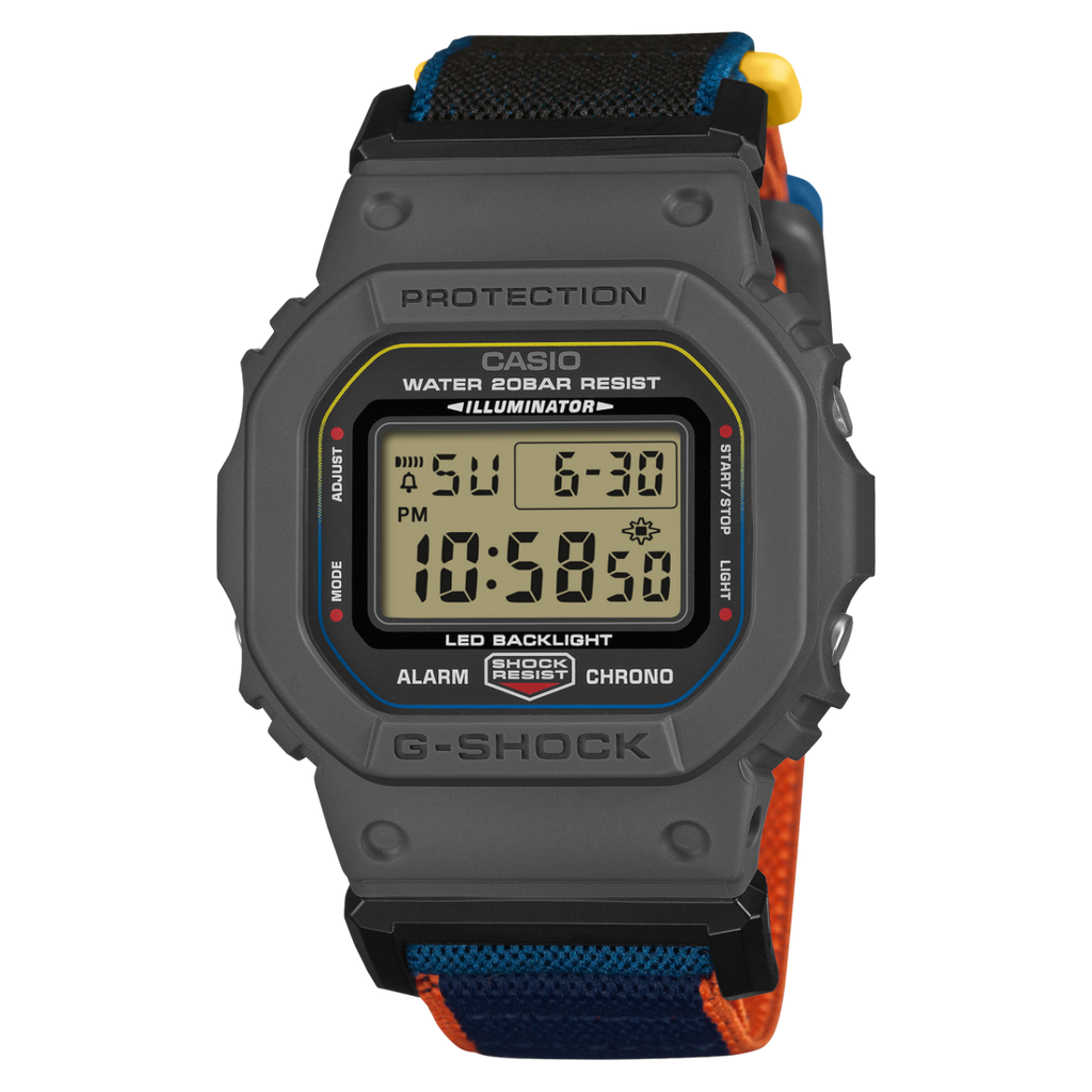 G-Shock 5600 cloth band watch – Grey/Blue/Orange – front view