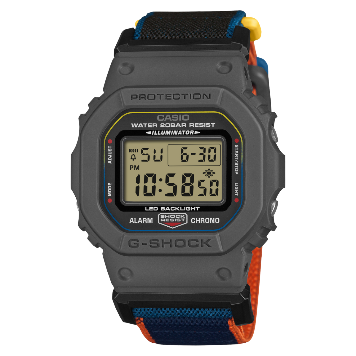 G-Shock 5600 cloth band watch – Grey/Blue/Orange – front view