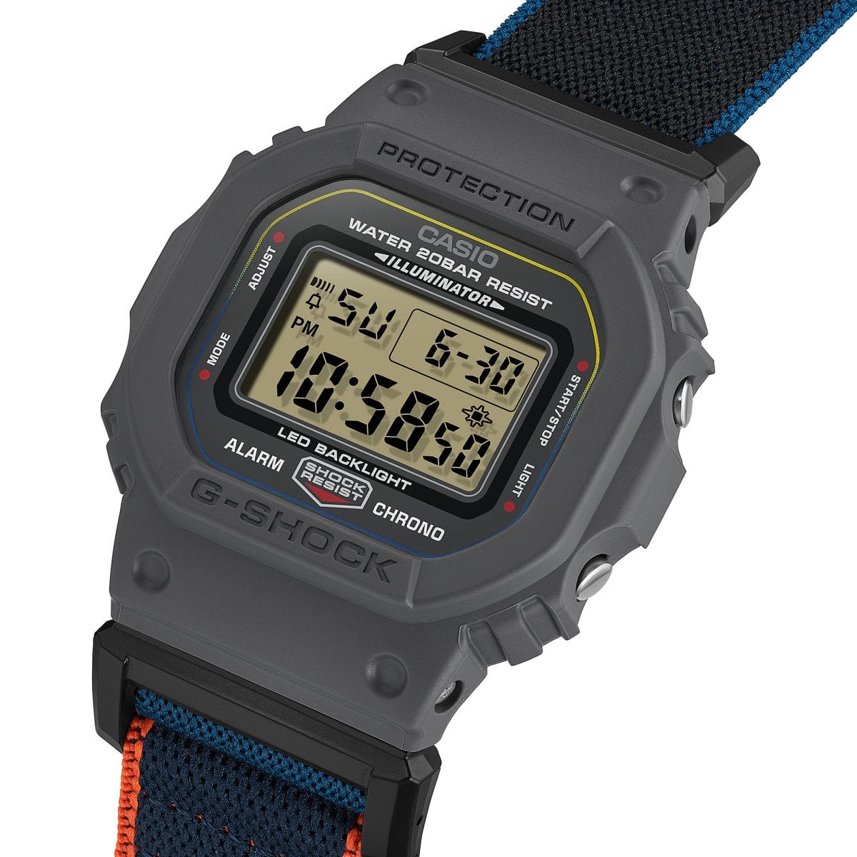 G-Shock 5600 – Grey/Blue/Orange angled dial