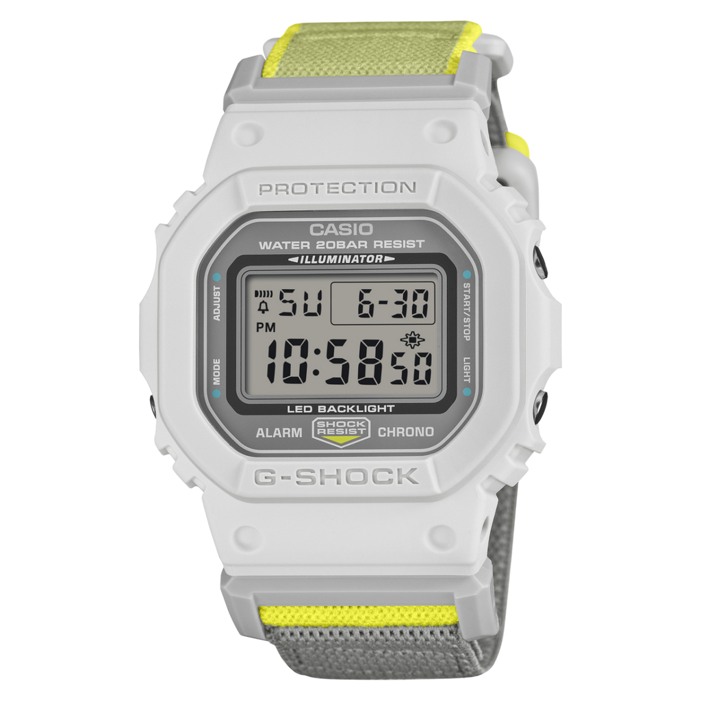 G-Shock 5600 cloth band watch – White/Grey/Yellow – front view