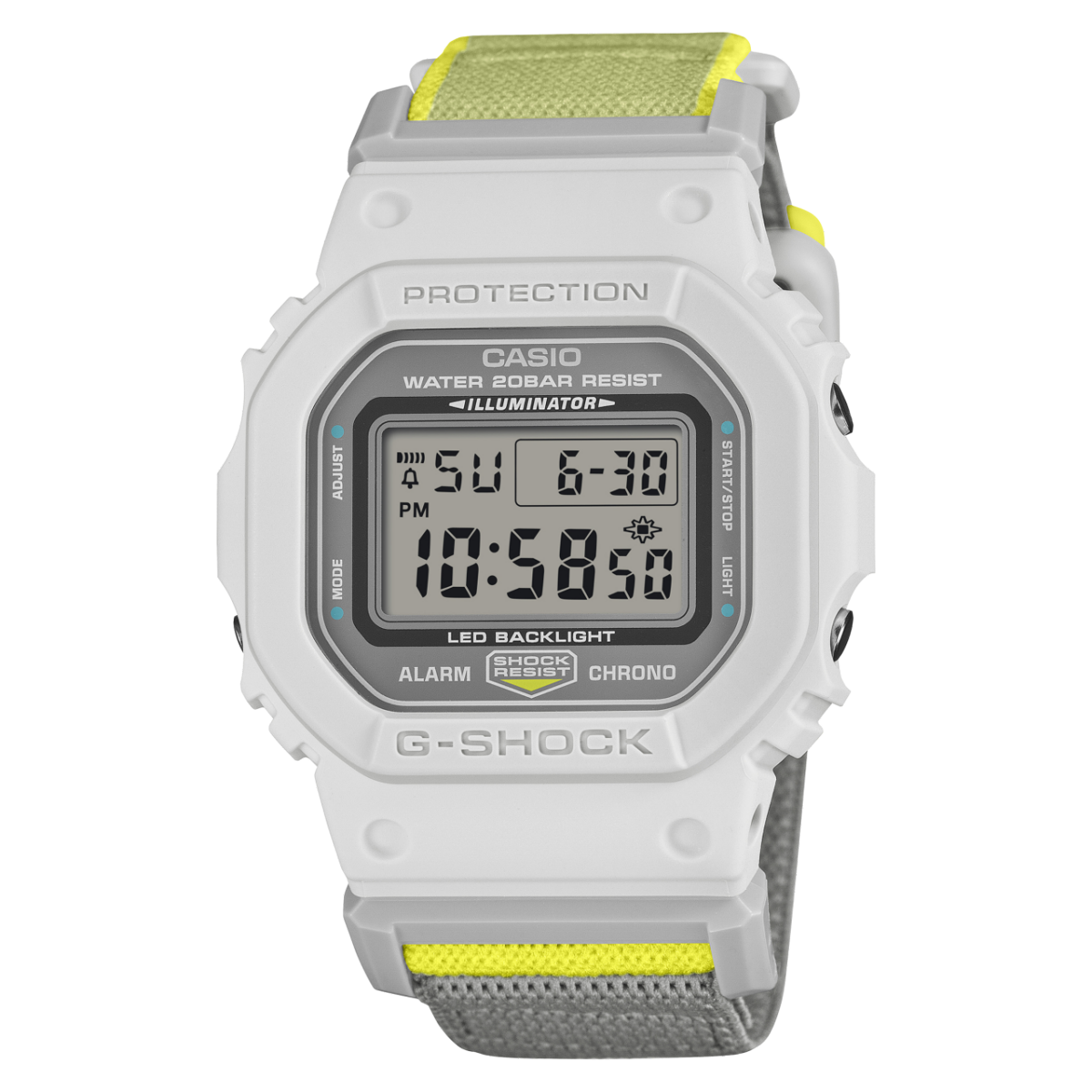 G-Shock 5600 cloth band watch – White/Grey/Yellow – front view