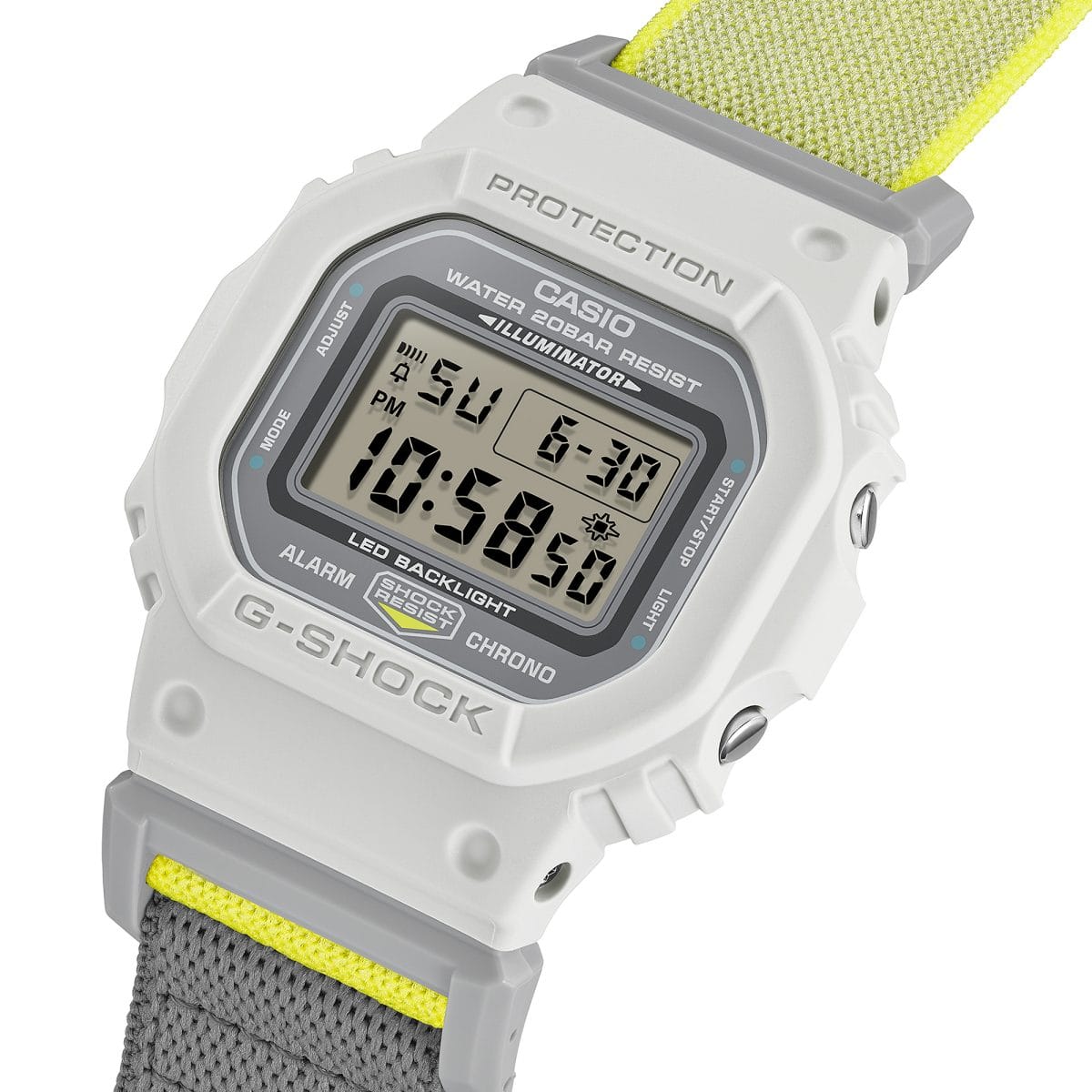 G-Shock 5600 – White/Grey/Yellow angled dial