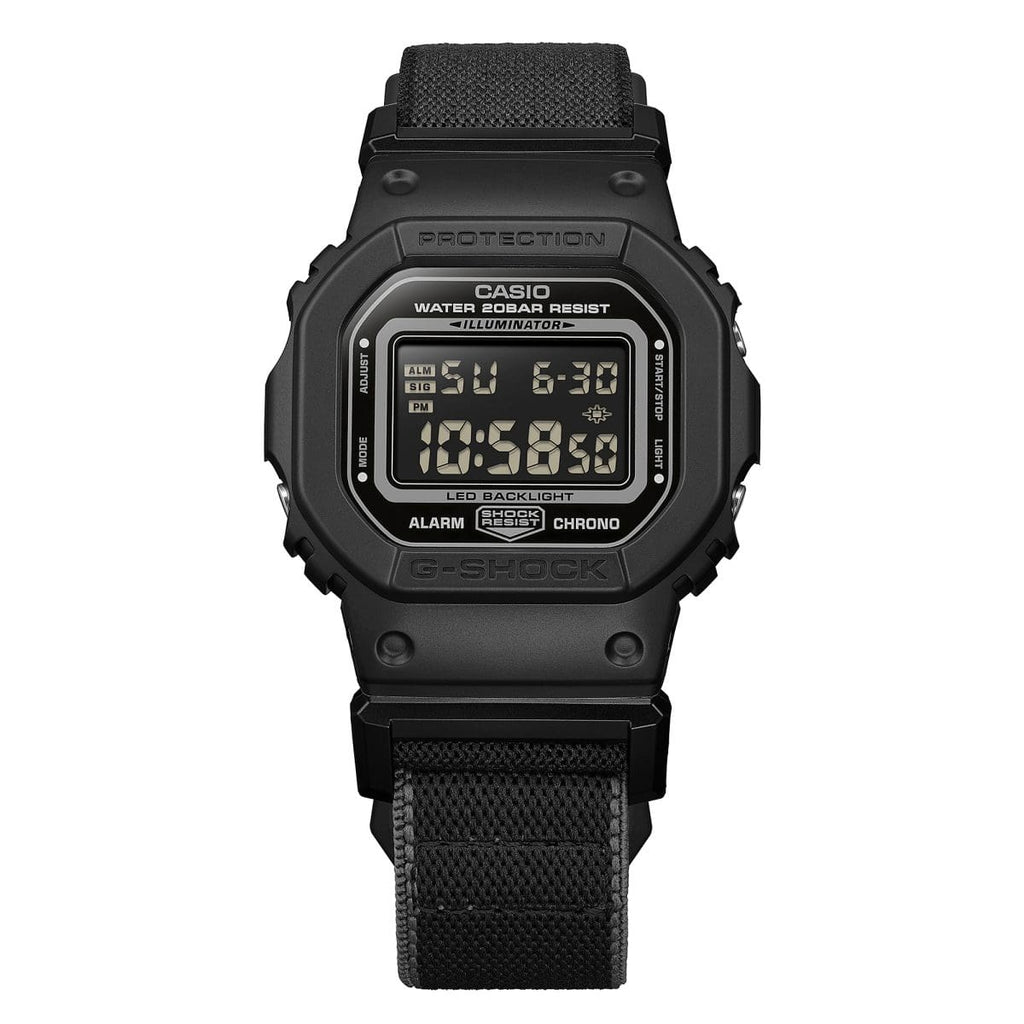 G-Shock 5600 cloth band watch in Black/Grey – front view