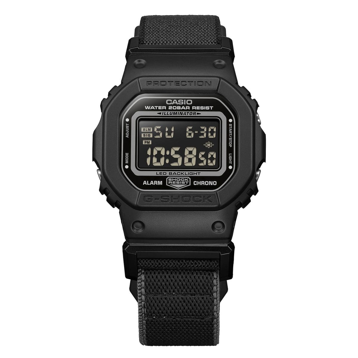 G-Shock 5600 cloth band watch in Black/Grey – front view