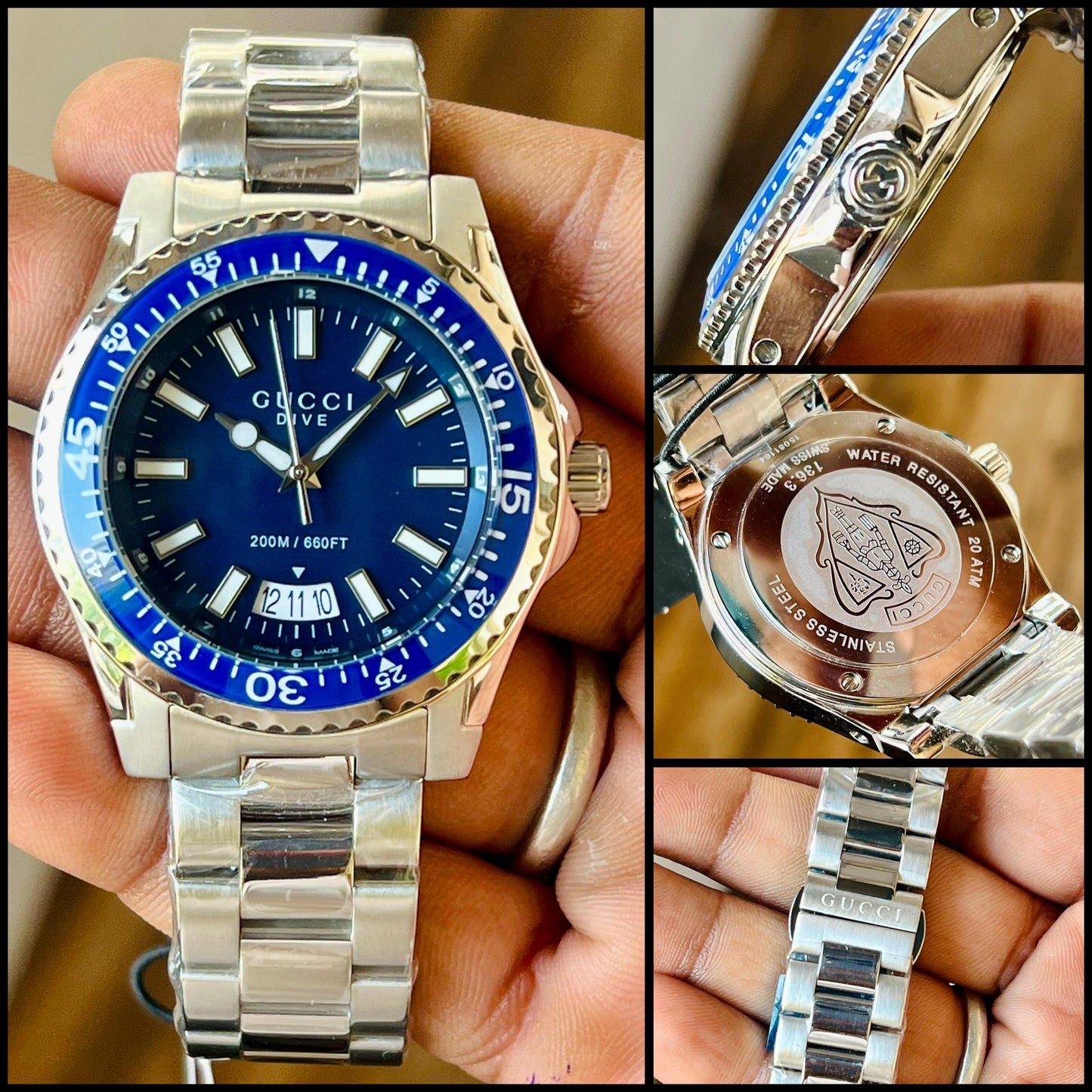 GUCCI DIVE  YA136203 BEST HIGH PREMIUM QUALITY PURE JAPAN MACHINE FULL STEEL METAL BELT BLUE DIAL