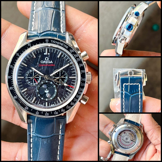 OMEGA SPEEDMASTER BEST HIGH PREMIUM QUALITY AUTOMATIC MACHINE BLUE LEATHER BELT SILVER CASE BLACK DIAL FOR HIM ALL WORKING