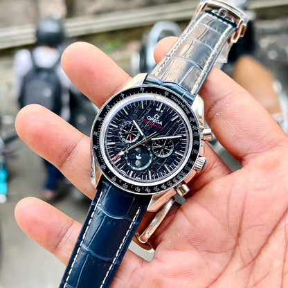 OMEGA SPEEDMASTER BEST HIGH PREMIUM QUALITY AUTOMATIC MACHINE BLUE LEATHER BELT SILVER CASE BLACK DIAL FOR HIM ALL WORKING