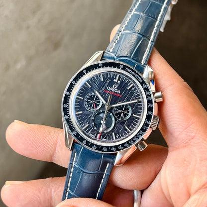 OMEGA SPEEDMASTER BEST HIGH PREMIUM QUALITY AUTOMATIC MACHINE BLUE LEATHER BELT SILVER CASE BLACK DIAL FOR HIM ALL WORKING