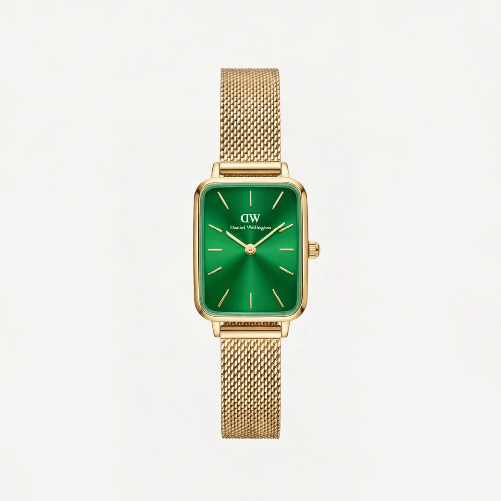 DW Gold Rectangular green Dial Mesh Strap Watch