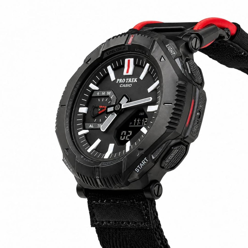 Casio Pro Trex Black/Red angled view