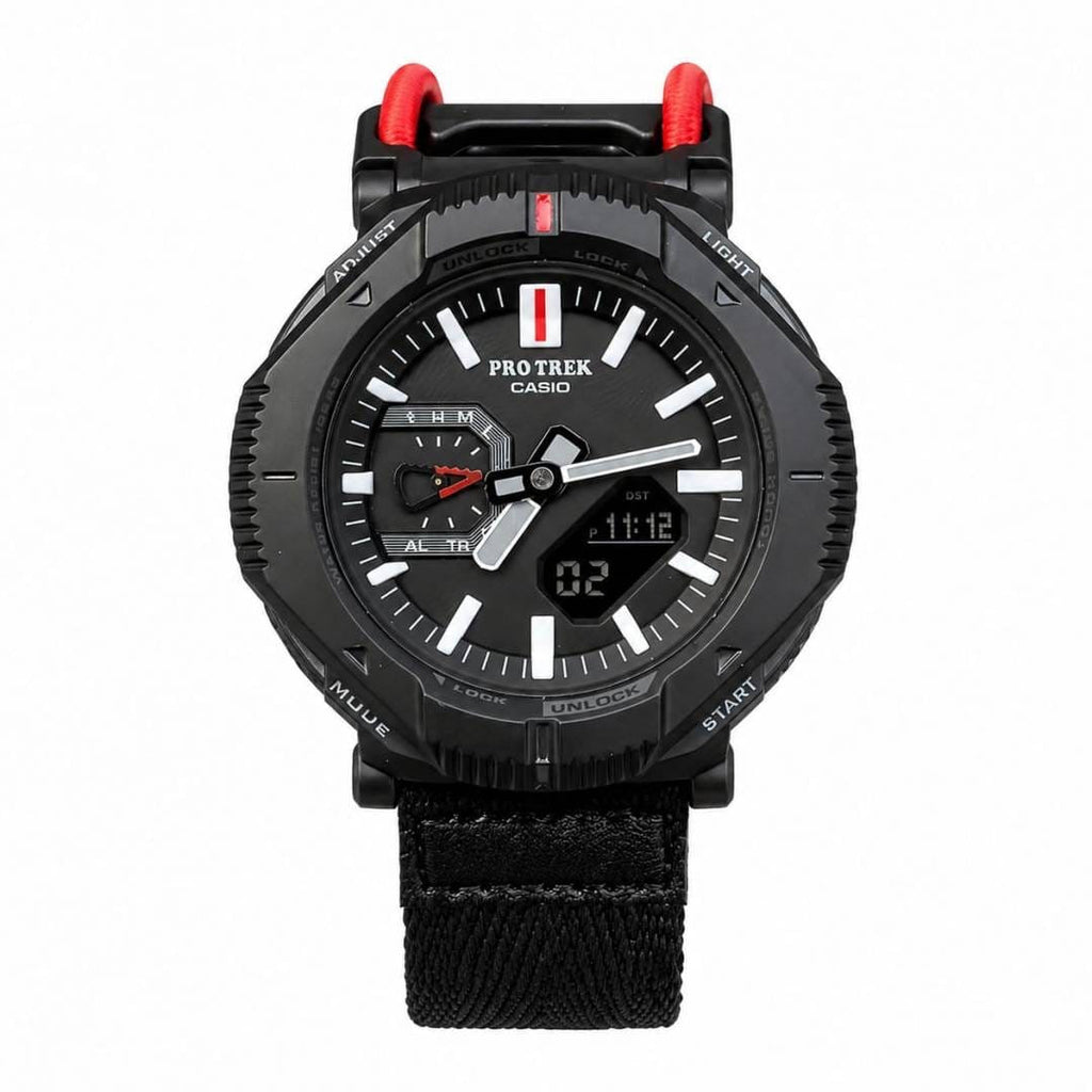 Casio Pro Trex watch in Black/Red, front view on white background
