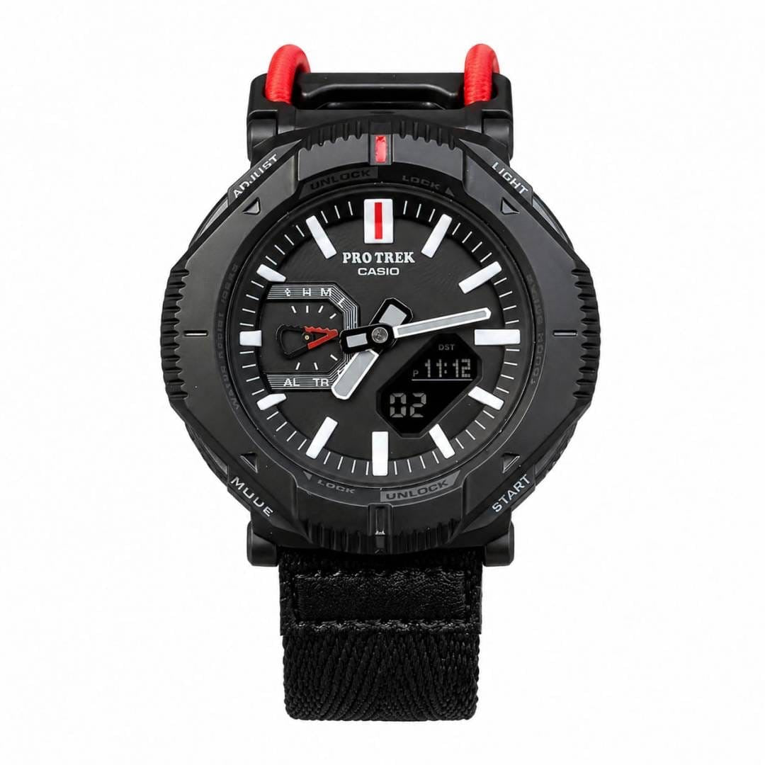 Casio Pro Trex watch in Black/Red, front view on white background