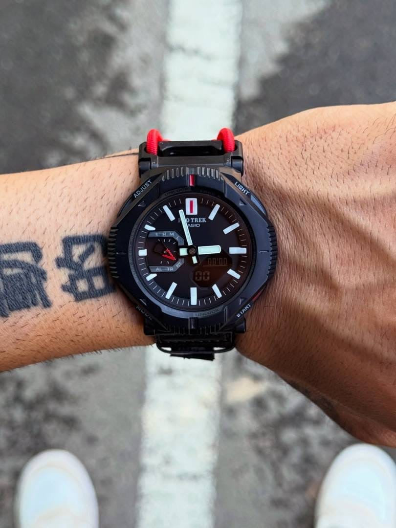Casio Pro Trex Black/Red watch worn on wrist