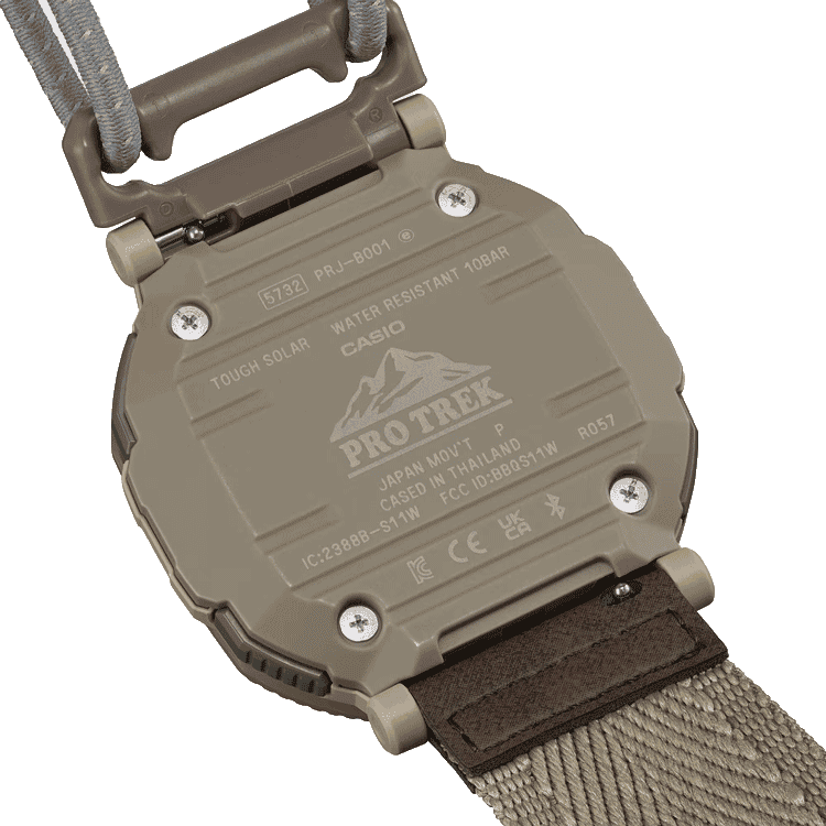 Casio Pro Trex khaki watch caseback detail