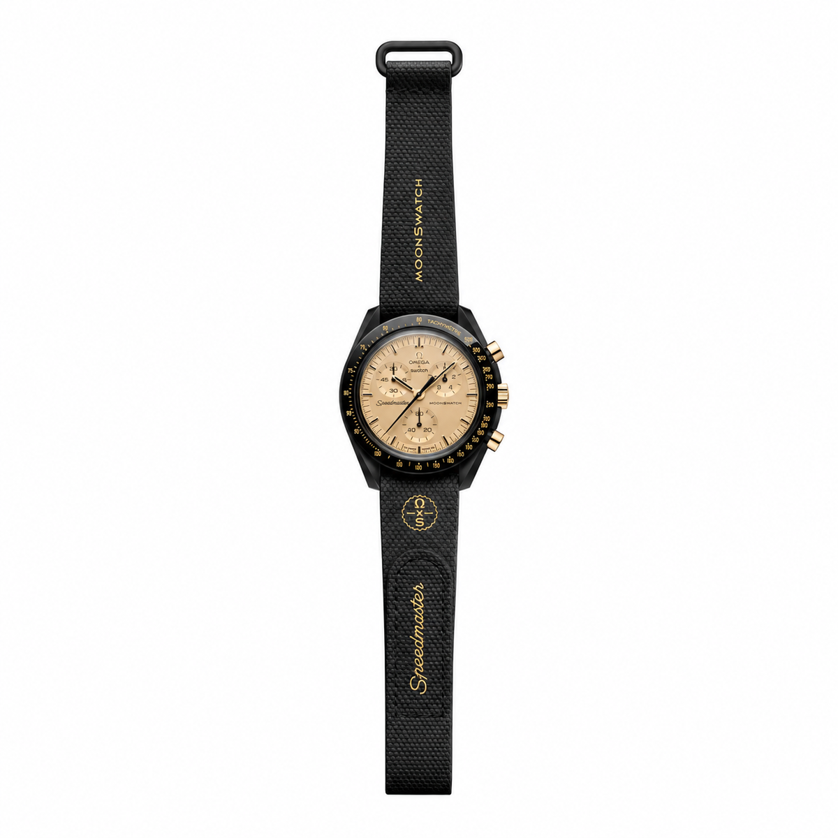 Omega x Swatch MoonSwatch black and gold watch - white background