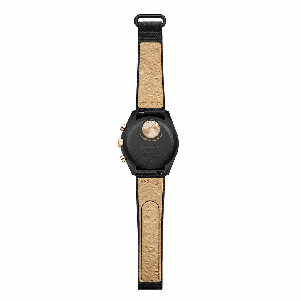 Omega x Swatch MoonSwatch black and gold watch - white background