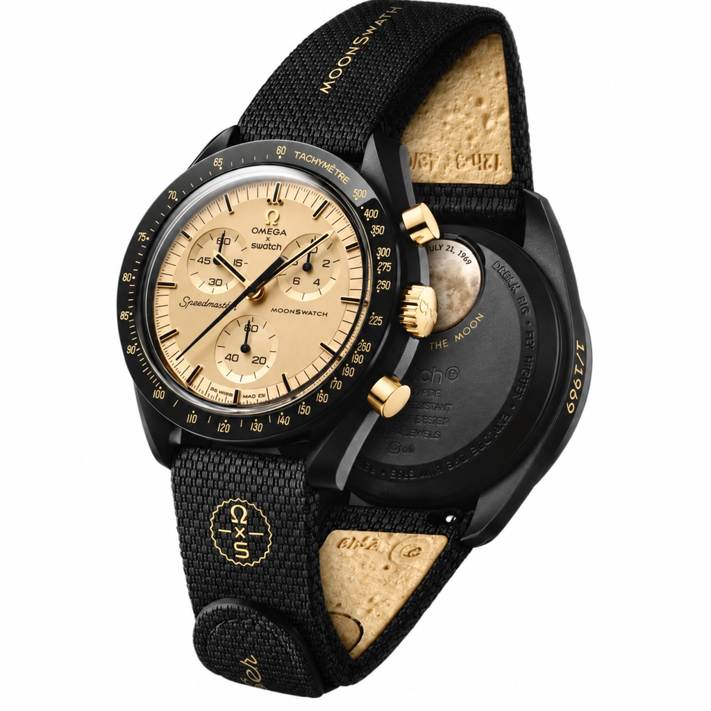 Omega x Swatch MoonSwatch black and gold watch - white background