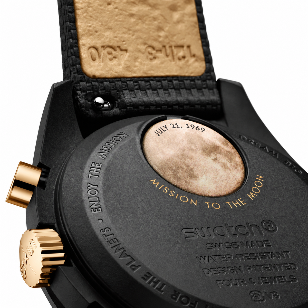 Omega x Swatch MoonSwatch black and gold watch - white background