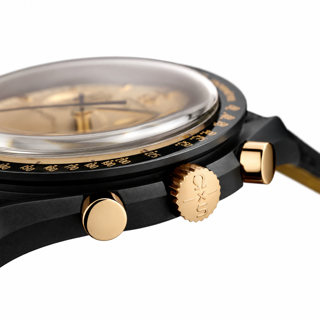 Omega x Swatch MoonSwatch black and gold watch - white background